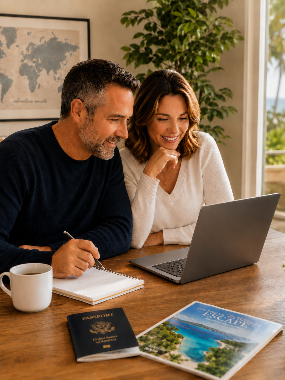 Couple reviewing travel business information together on a laptop at a bright home workspace